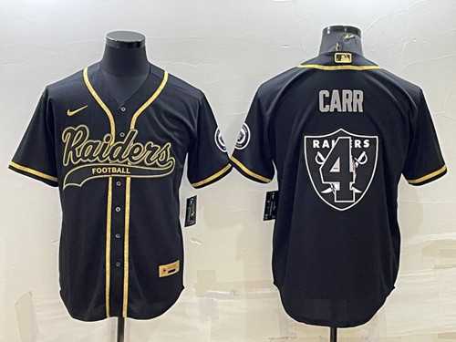 Mens Las Vegas Raiders #4 Derek Carr Black Gold Team Big Logo With Patch Cool Base Stitched Baseball Jersey